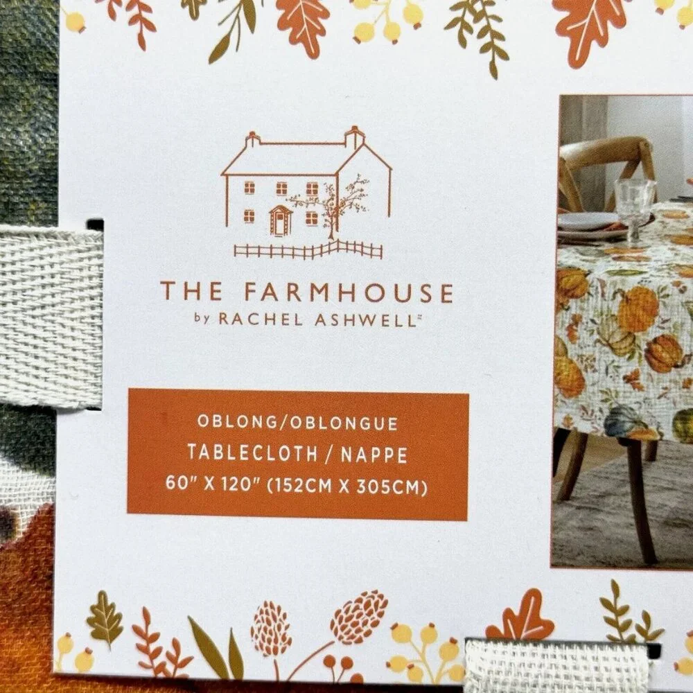 Rachel Ashwell Farmhouse Pumpkin Fall Leaves Tablecloth 60x120 Gauzy Cotton